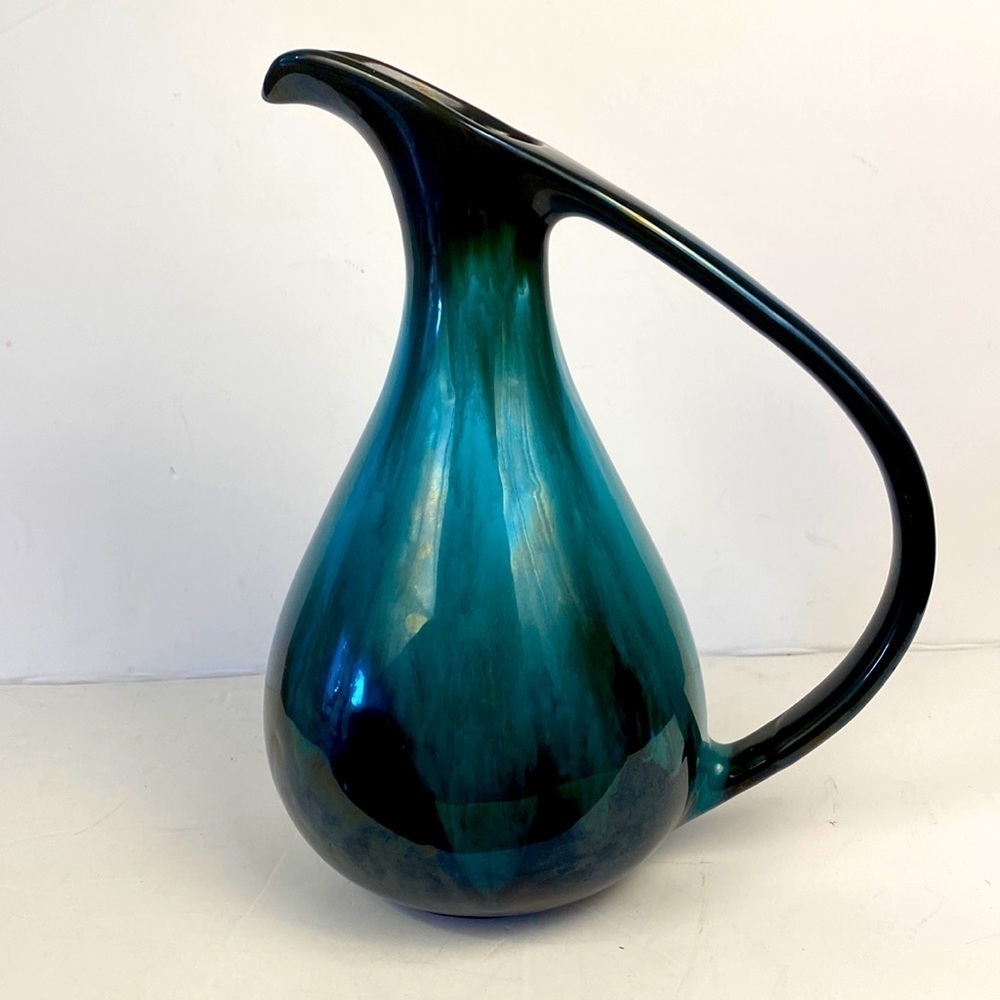 Blue mountain pottery pitcher blue green drip glaze vintage, mid-century modern